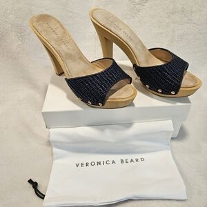 Veronica Beard Navy and Tan Mules